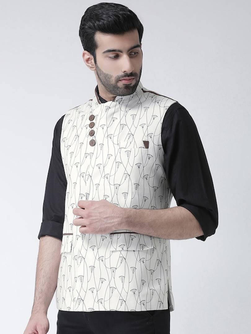 Men's Off White 
Cotton Blend
 Printed Nehru Jackets